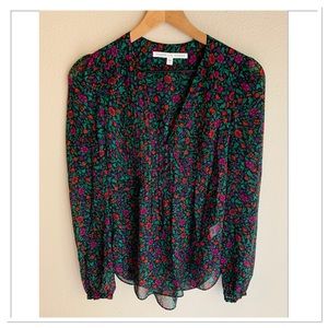 Veronica Beard Lowell Silk Blouse V Neck Long Sleeve Floral Red Green Size 0